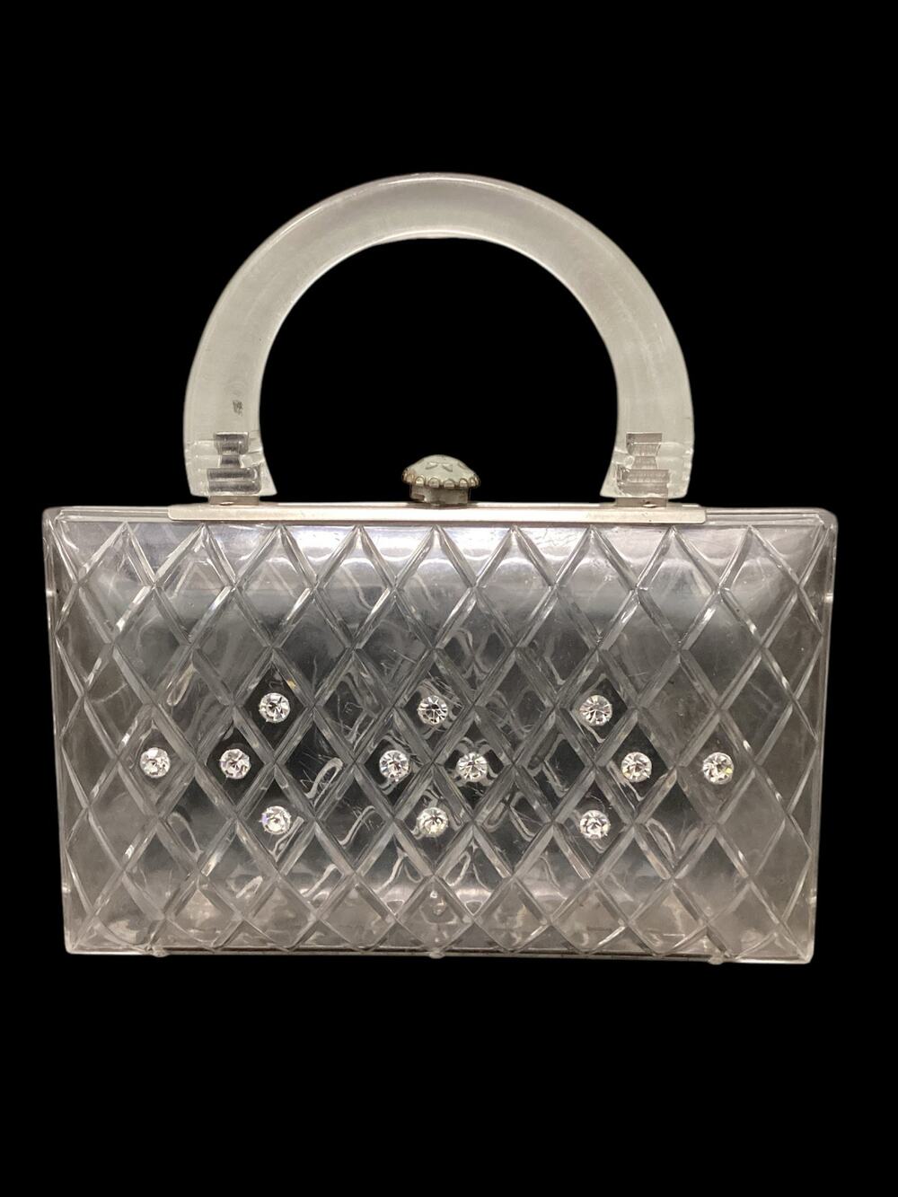 Beautiful Rare VTG 1950’ Clear Lucite Handbag Diamond Carved Inset Rhinestones